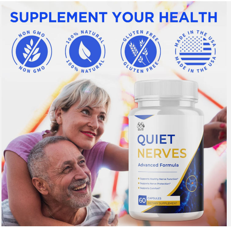 Official Quiet Nerves artwork showing a couple and the supplement bottle