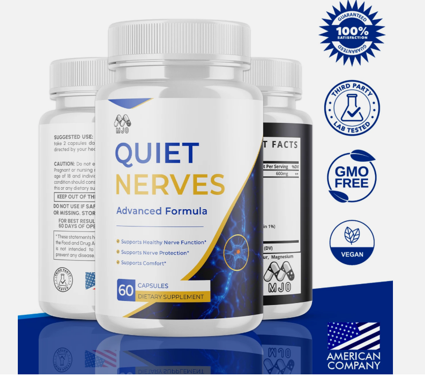 Official artwork showing the front and back of the Quiet Nerves bottles