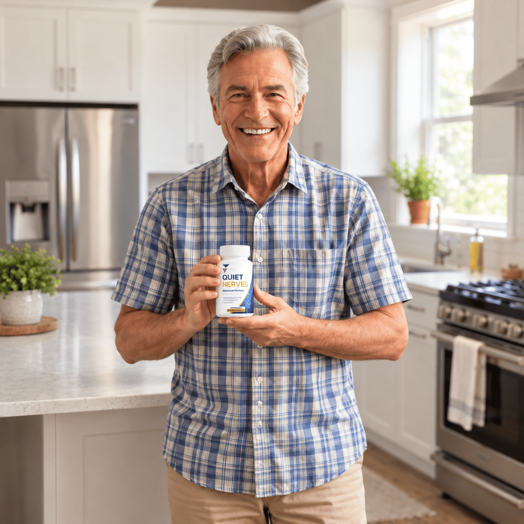 Man of 68 standing in a bright kitchen, smiling, holding a bottle of Quiet Nerves with both hands